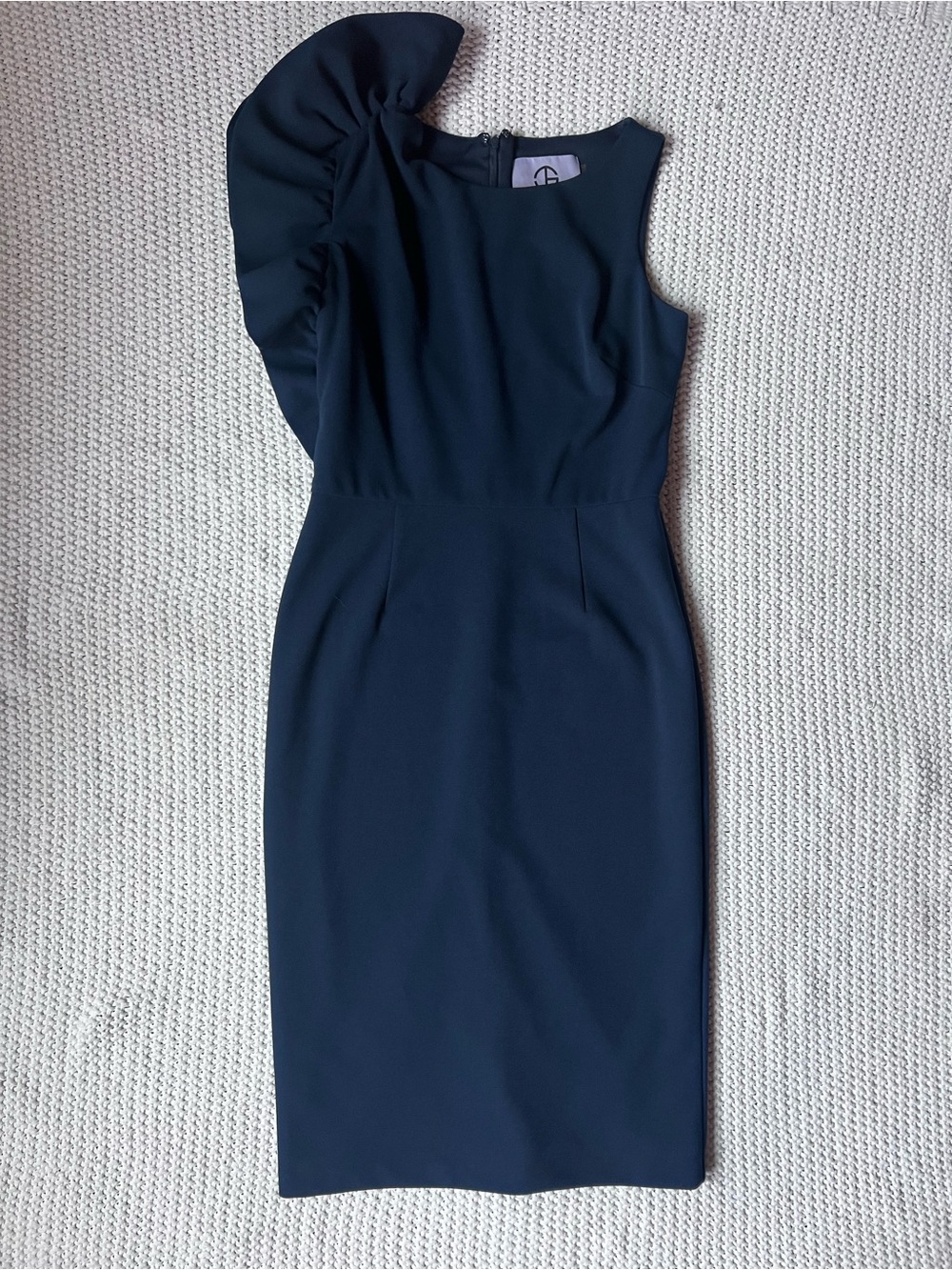 JS Collections Navy Blue One Shoulder Ruffle Midi Formal Elegant Dress Size 8